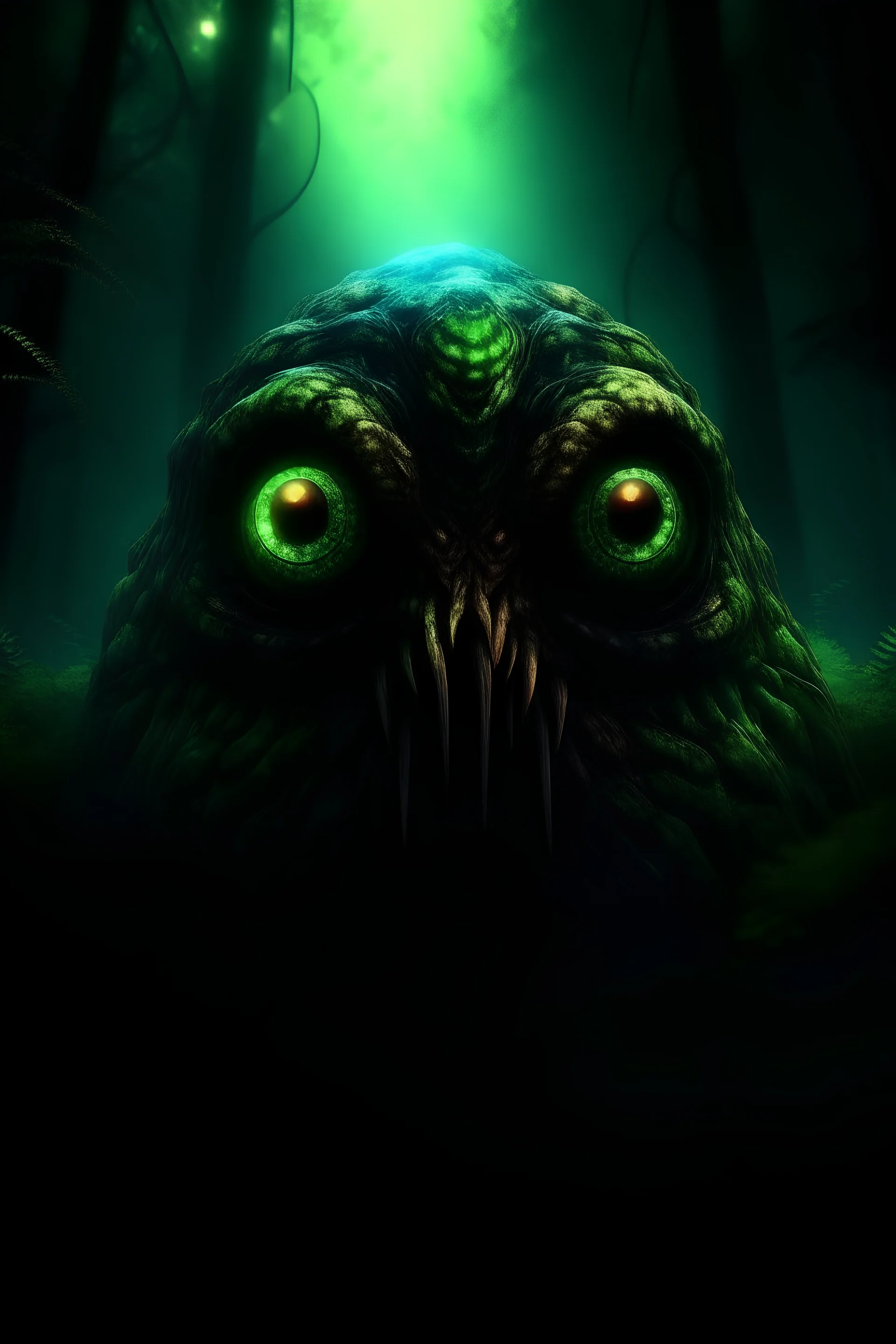 Evil looking creature, turning to face you, hunch over, dark, force, background, glowing eyes, staring, covered decay, deep shades of green, covering forest, dark, rainbow, gradient, sky, dark, starry night,