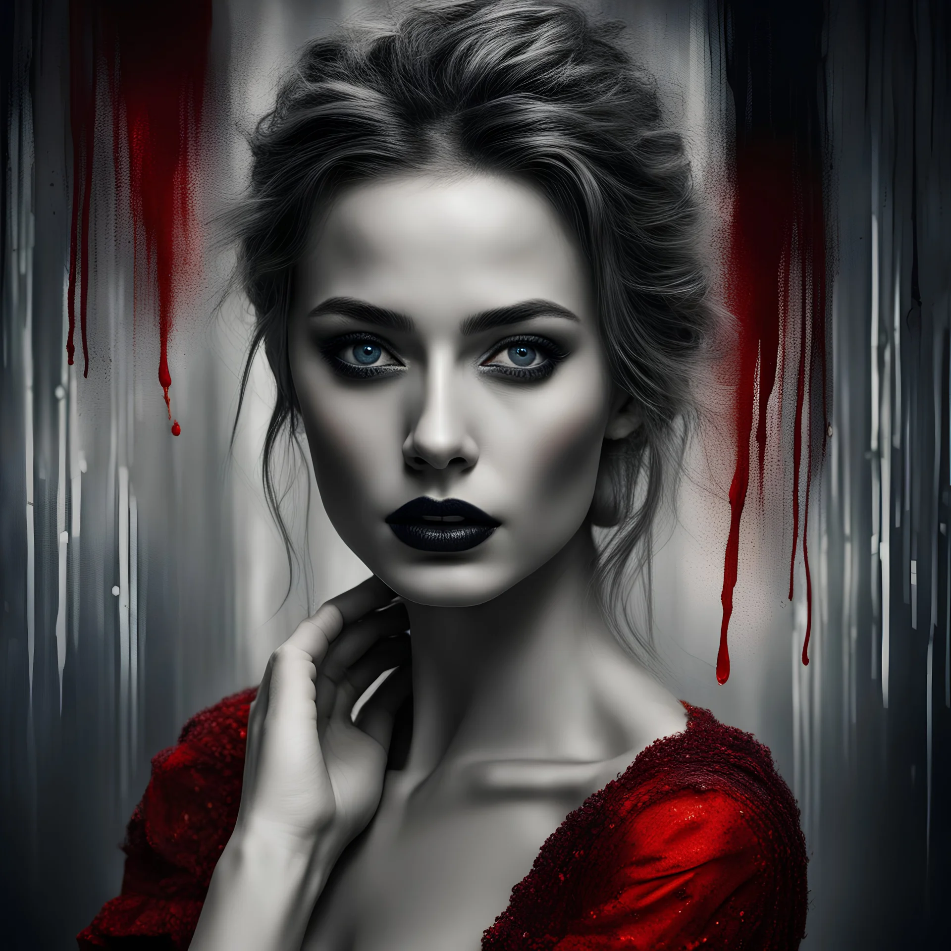 "A beautiful woman standing in a dark, realistic darkblue eyes, mixed media, black and white textures, splashes of red, red lips, 3D image Nikon D850 sharp focus elegant Award winning photography fantasy intricate 8k very attractive beautiful dynamic lighting hyperrealistic" "detailed matte painting, deep color, fantastical, intricate detail, splash screen, complementary colors, fantasy concept art, 8k resolution trending on Artstation Unreal Engine 5"