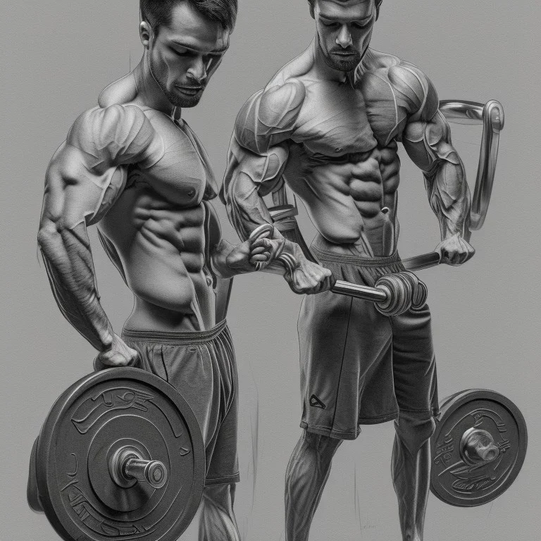 a man doing fitness with weights, drawn with pencil