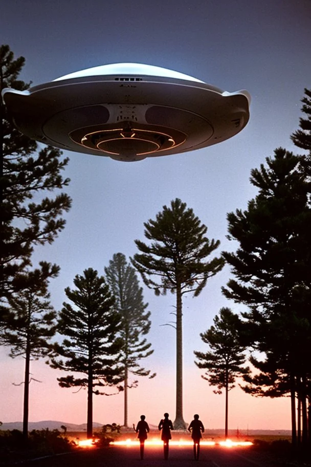 school kids see a saucer shaped ufo flying over tall pine trees, near a high voltage powerline with (three lights underneath) and lots of lights all around the edge, the year is 1966 in color, concept art, by Asaf Hanuka, by Weta Digital, Electric Colors, Screen Space Global Illumination, in a symbolic and meaningful style