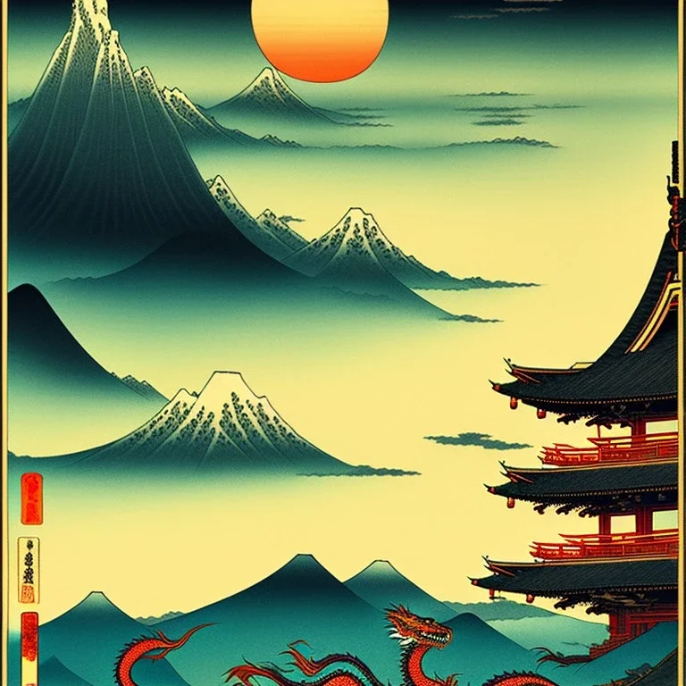 Ukiyo-e art, dragon, mountains, sun