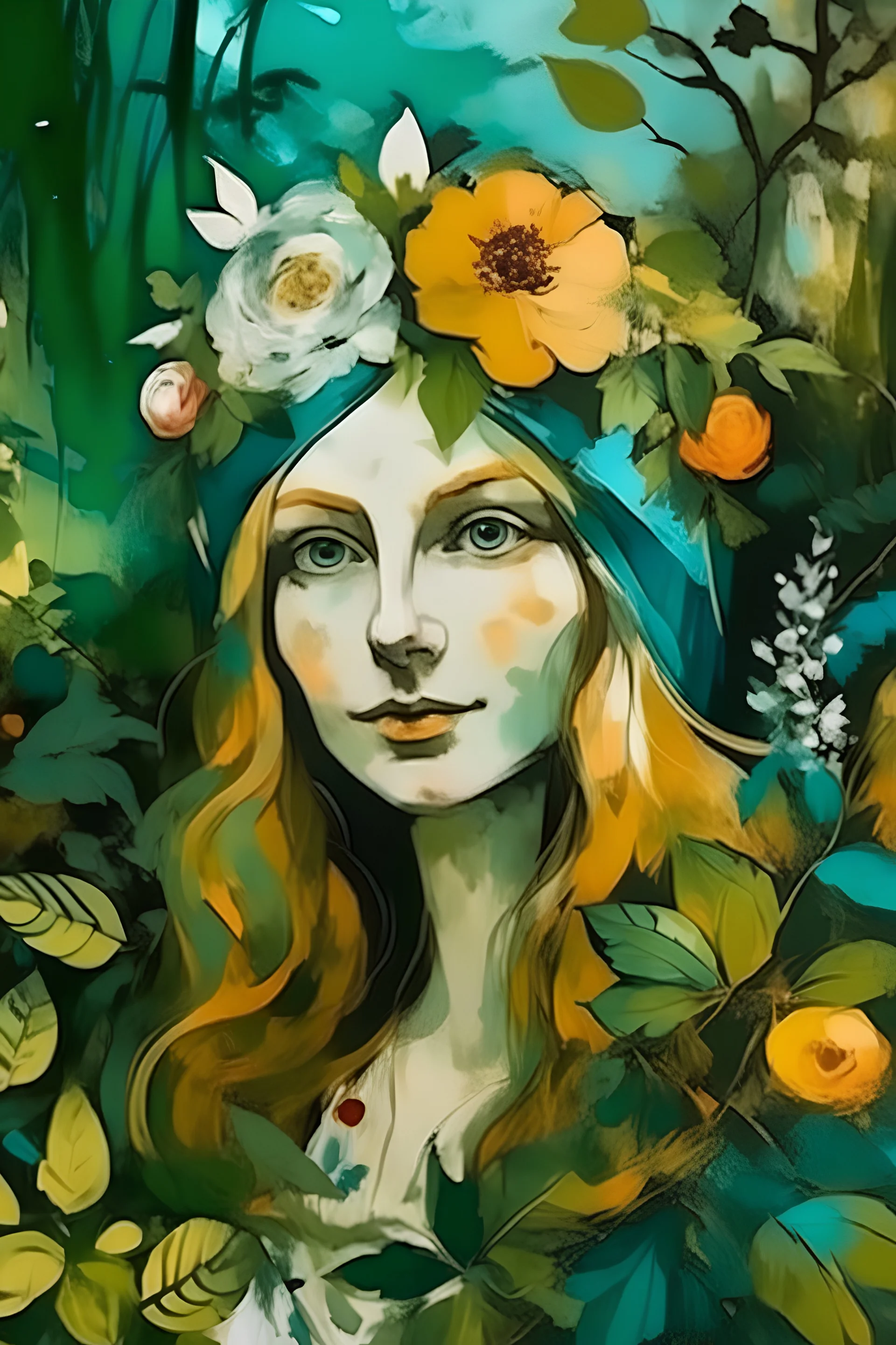 Painted portrait of Slavic woman in turban full of flowers, heavy makeup, long hair, in the wild forest painted by brush in style of water paint by George Braque