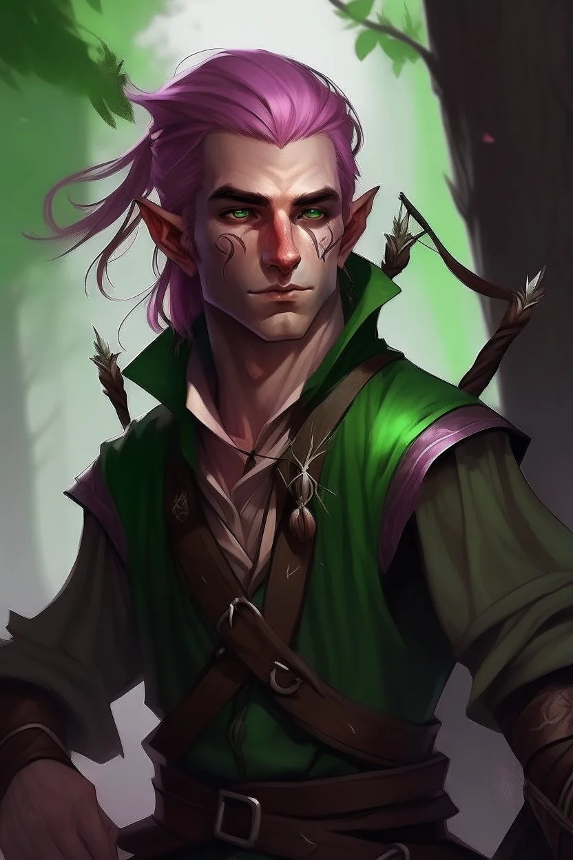 Male wood elf, rogue assassin, light brown skin, bright green eyes, mauve hair, sneaky, trees, stoner, long bow, black leather straps, disheveled, smoking