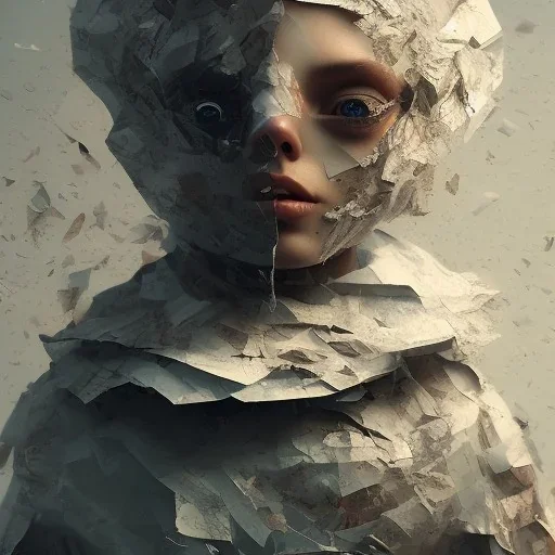 rendered in blender trash bag on his head and crumpled paper as a texture, collage paper and tape, slit - scan photography, high resolution, cinematic, unreal 6, breathtaking detailed