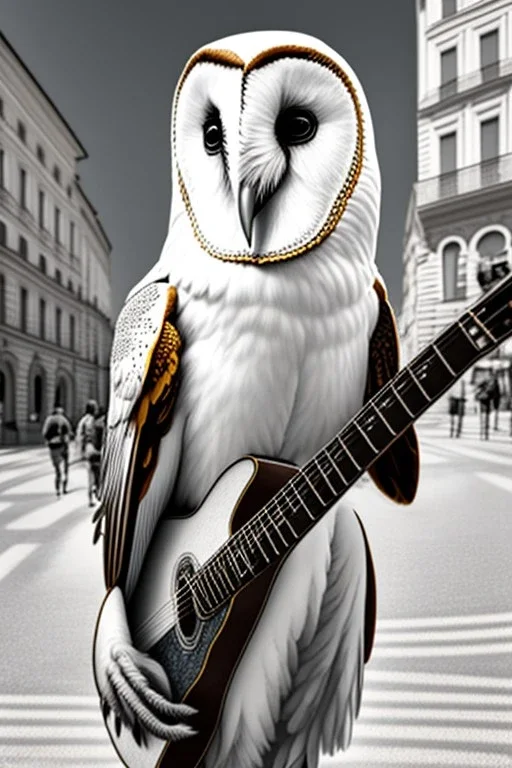 One single mature barn owl, playing guitar in the street , Vienna, friendly, sunny day, model style, hyper realistic, extremely accurate, delicate, extremely detailed, Graphic novel style, wide-angle, open aperture, superfine pencil