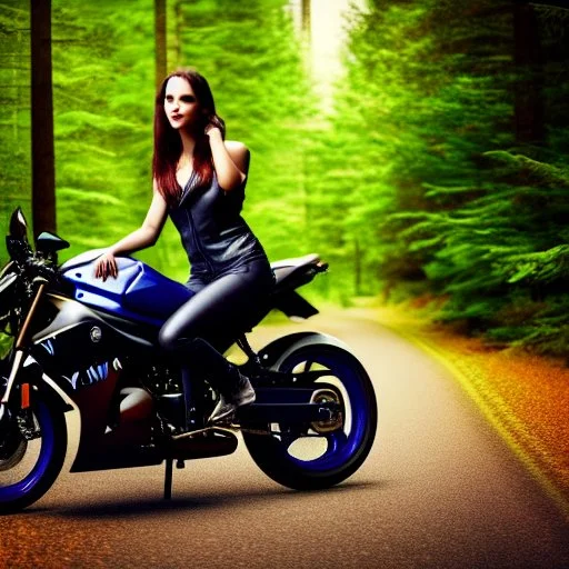 Very attractive woman sitting on a motorcycle. The bike is Yamaha. In the background is a forest. Realistic details. Photorealistic. 4K. Wide-angle lens.