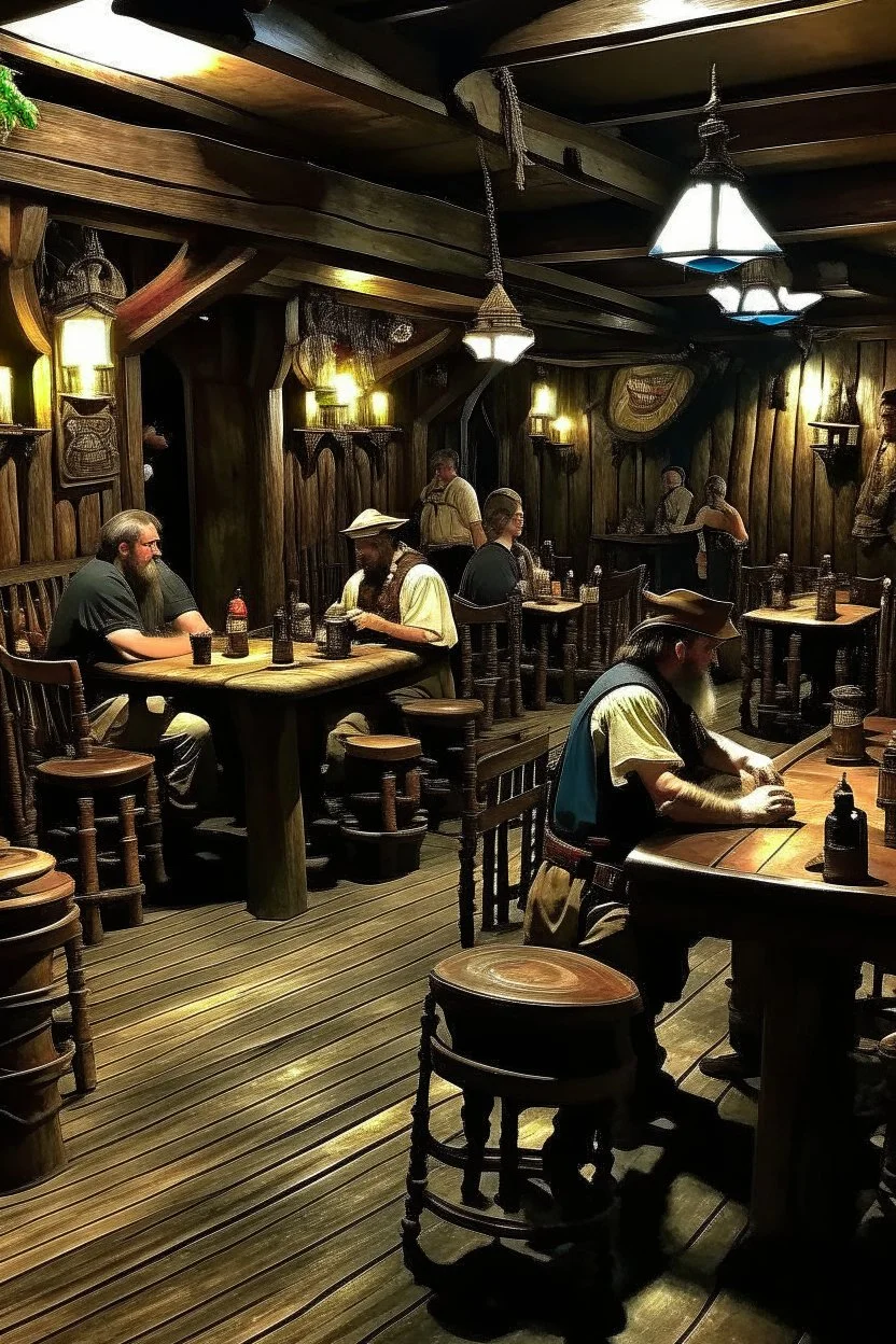 pirate tavern, pirates of the Caribbean style, tables with drunk people sitting