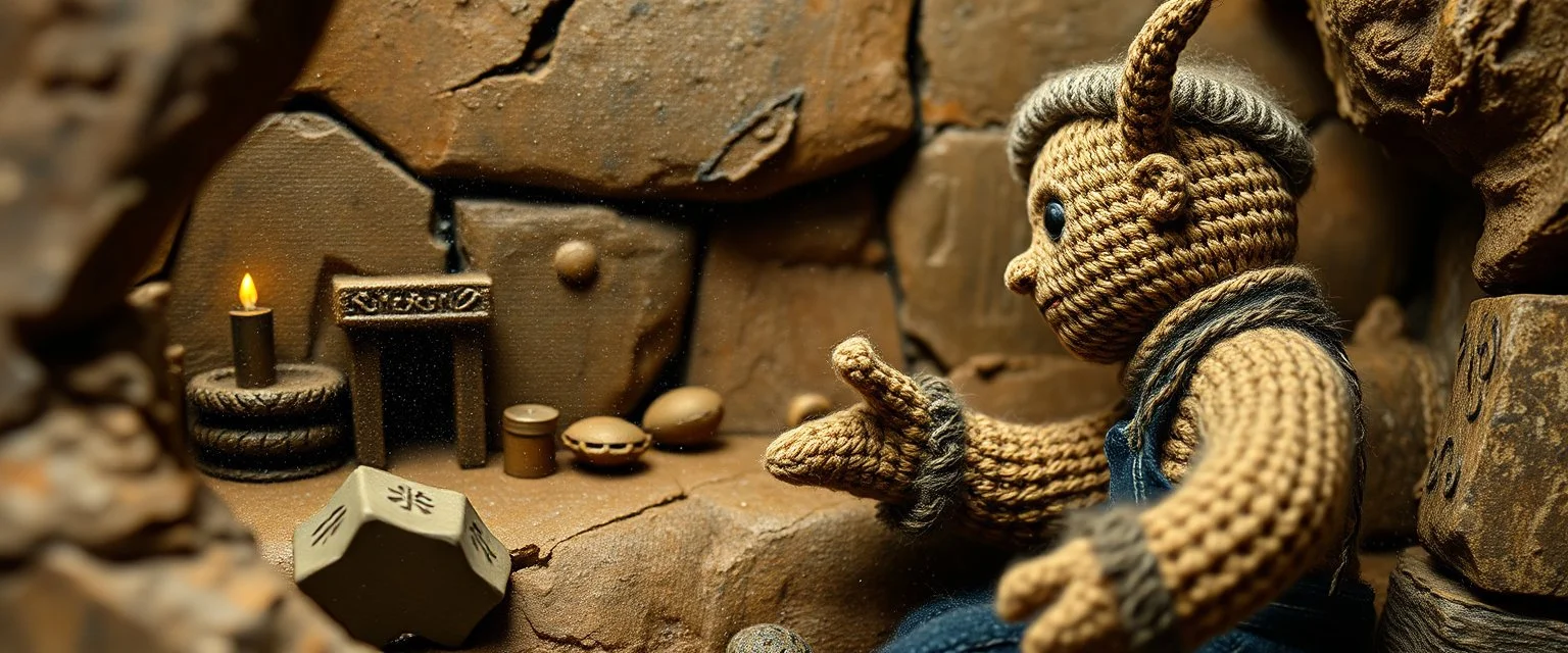 pin hole picture, miniatures on fake scene,master oil painting by Rembrandt, good afternoon disney bitch scary stone age vampire, close up on a stupid knitted doll trying to explain something weird, in the style of fallout 4 and double dragon