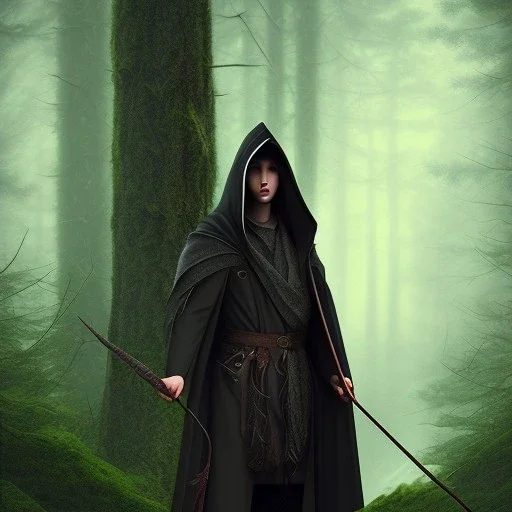 Male, Dark hair, Digital Art, Bow in hand, Hooded Cloak, Dark Forrest background