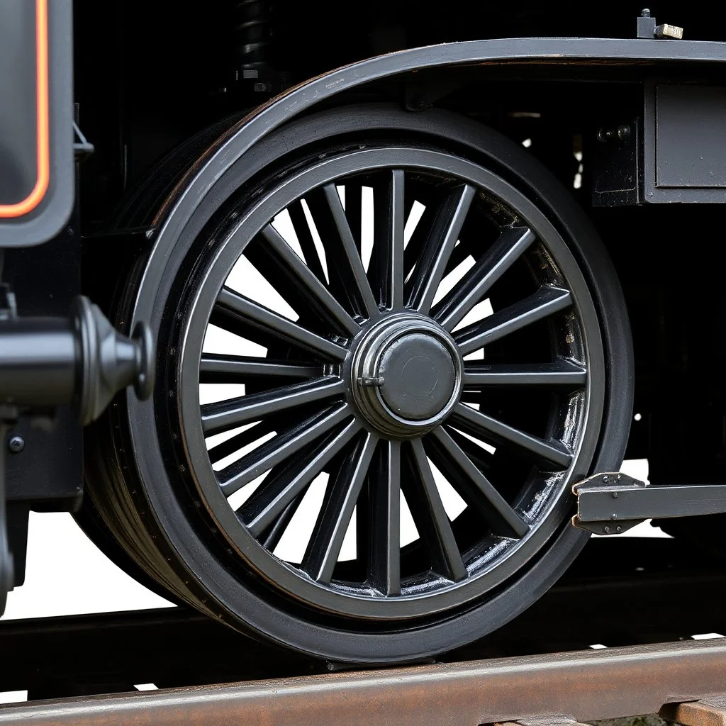 isolated image of a spoked steel wheel(black) from a steam train. vignette of just the wheel