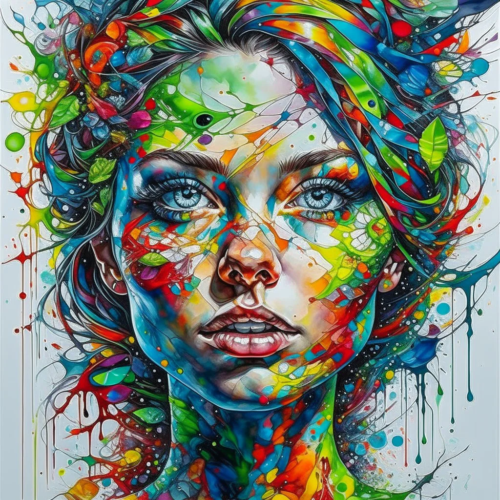 highly detailed, intricate, and vivid abstract art portrait of a young woman with fair skin, gazing directly forward with intense green eyes. Her face is intricately painted with a watercolor effect using a complex fusion of various colors such as blues, reds, yellows, greens, and purples, giving the impression of an explosion of color. The colors bleed into each other fluidly, creating an abstract and dreamlike quality that covers her entire face and hair. The portrait also features elements o