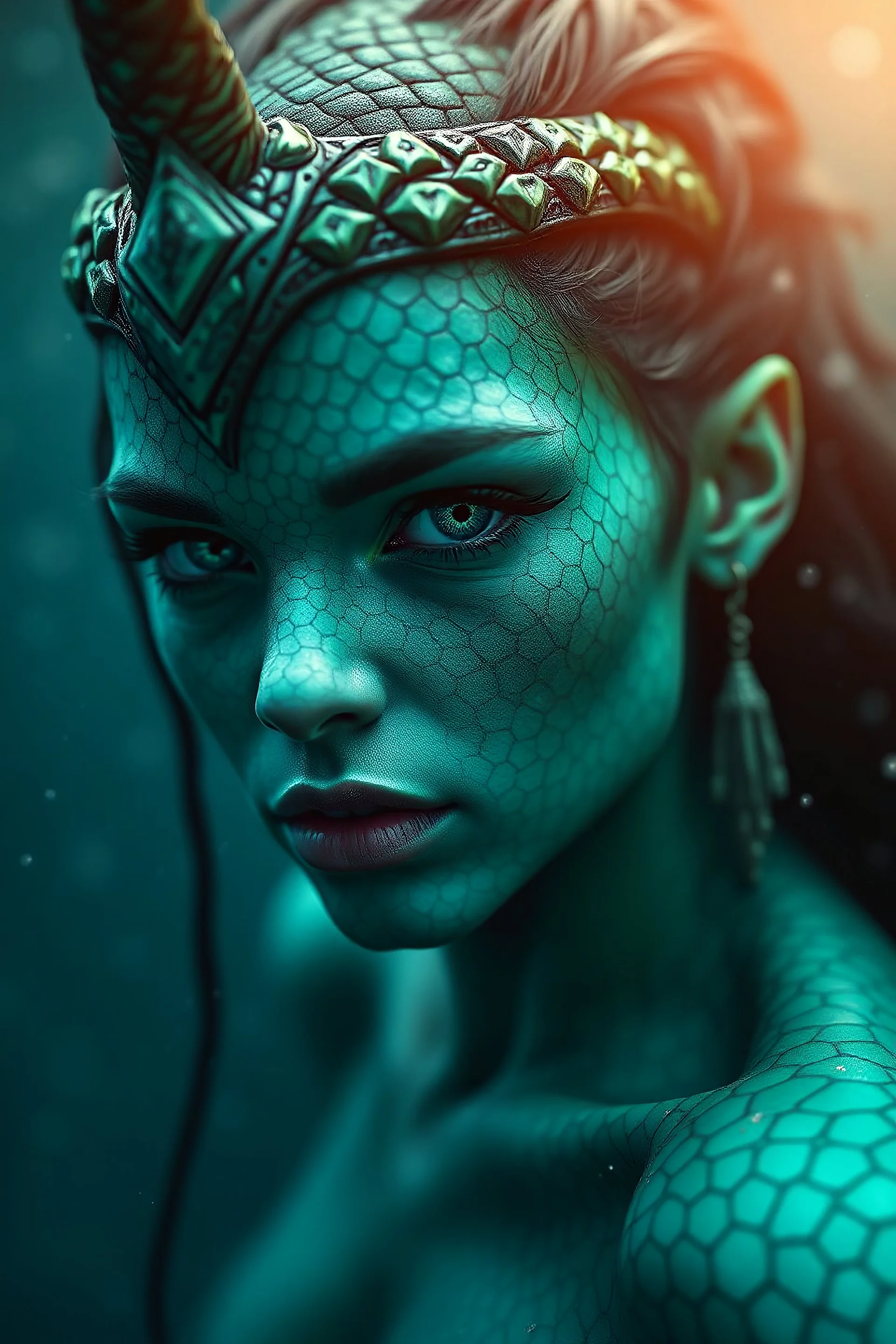 Photoreal gorgeous thrity year old green-blue triton ranger woman with green-blue scaled green-blue skin floating in the deep ocean realm by lee jeffries, otherworldly creature, in the style of fantasy movies, photorealistic, bokeh masterpiece smooth shading, ultra detailed, high resolution, cinematic, unreal 6, subtle shadows, octane render, 8k, cinema 4d, HDR, dust effect, vivid colors.
