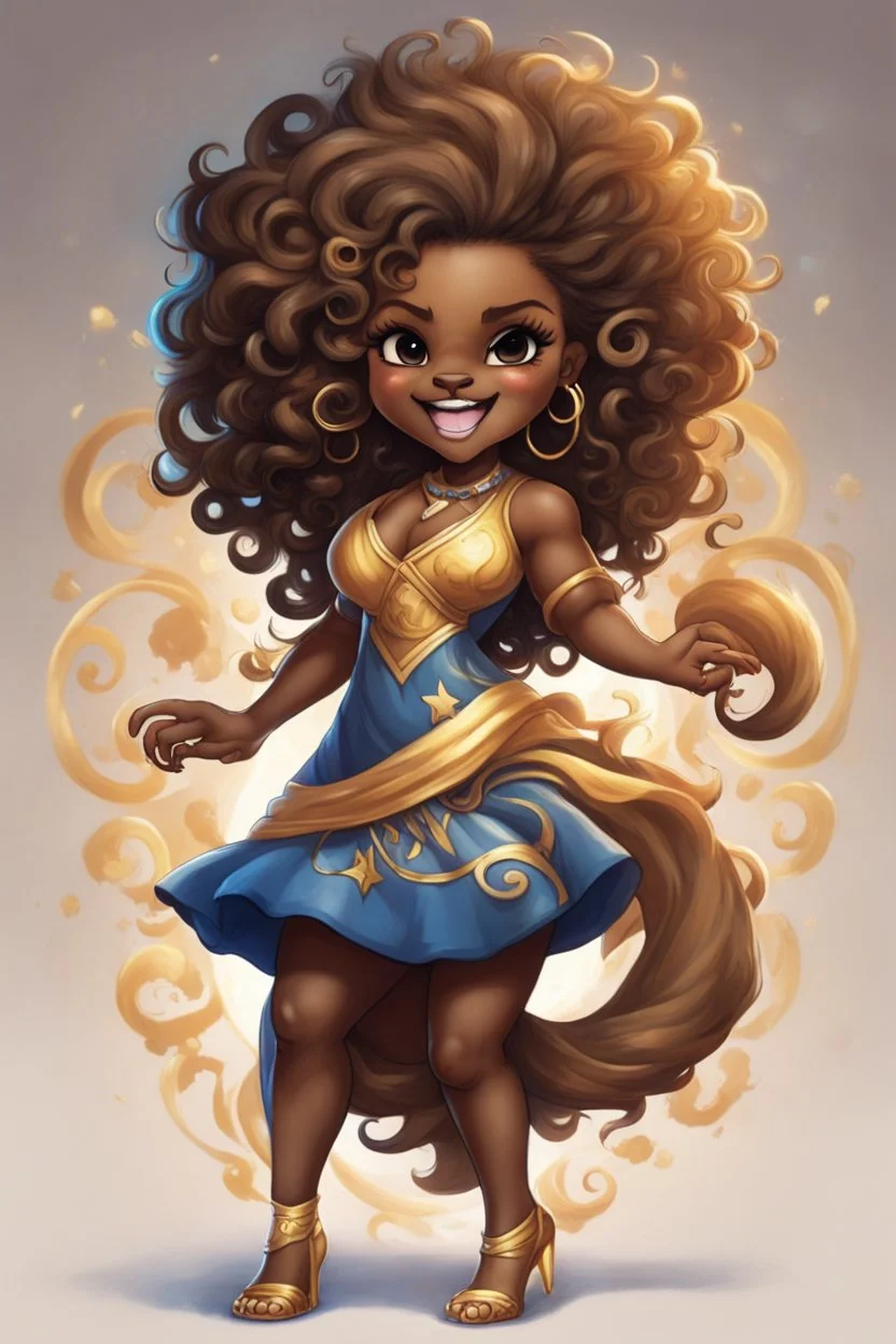 A fearless curvy dark-skinned airbrushed chibi swishes her lion tail excitedly, wearing a dress decorated with the Leo astrology symbol. With mane-like hair wild with curls, she smiles wide, showing off fangs. She stands arms and legs spread, steadfast as a lioness, demonstrating Leo courage and leadership.