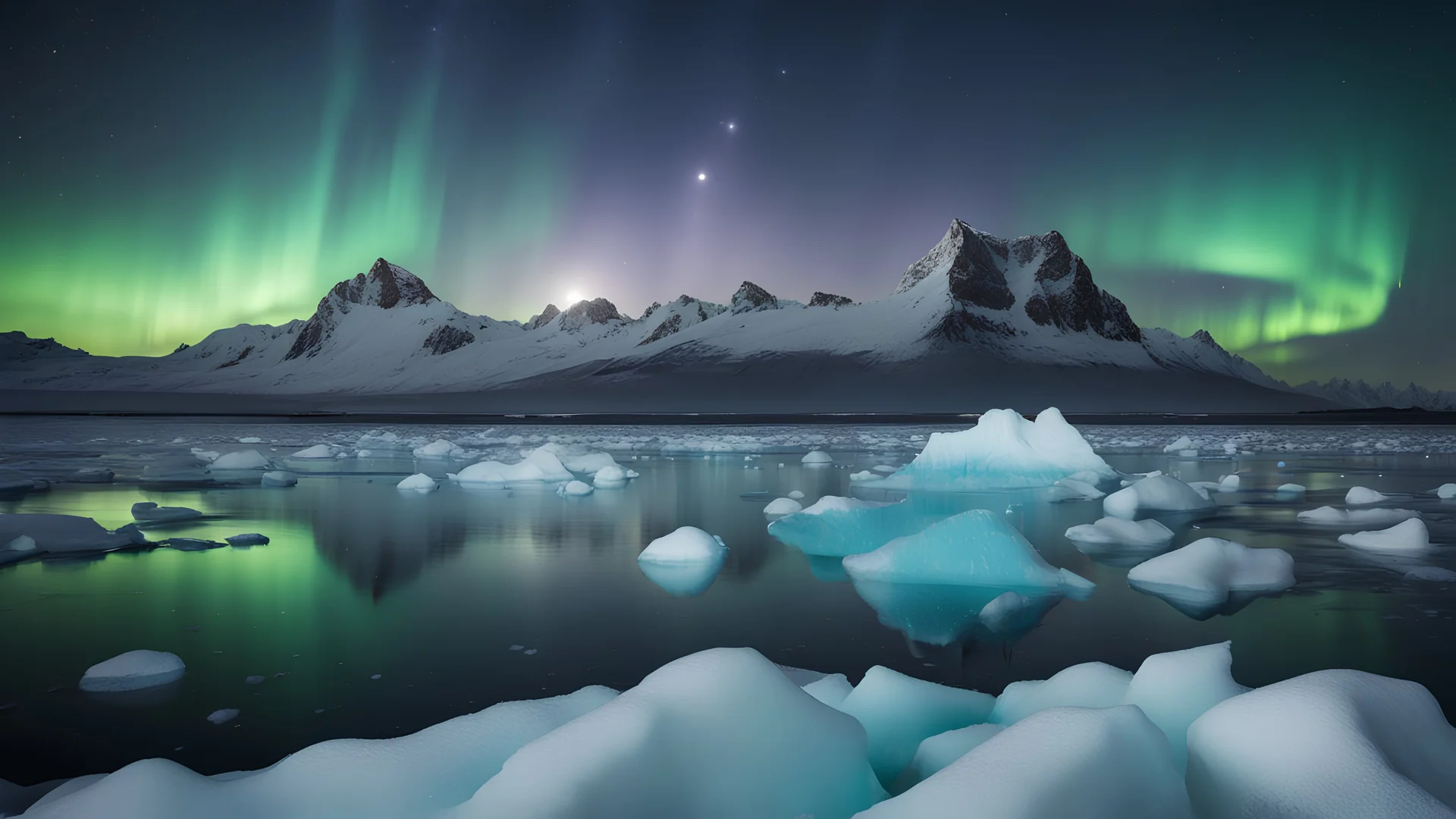 No aurora in the night sky, vast landscape photo, close-up of icebergs (starry sky above, night sky), nearby mountains, scenery with expansive icebergs, (full moon:1.2), (shooting star:0.9), (nebula:1.3), (warm light source:1.2), (fireflies:1.2), filled with blue and purple, intricate details, volumetric lighting, realism break (masterpiece:1.2), (highest quality), 4K, extremely detailed, (dynamic composition:1.4), extremely detailed, colorful details, (rainbow-colored:1.2), (glowing light, atmo