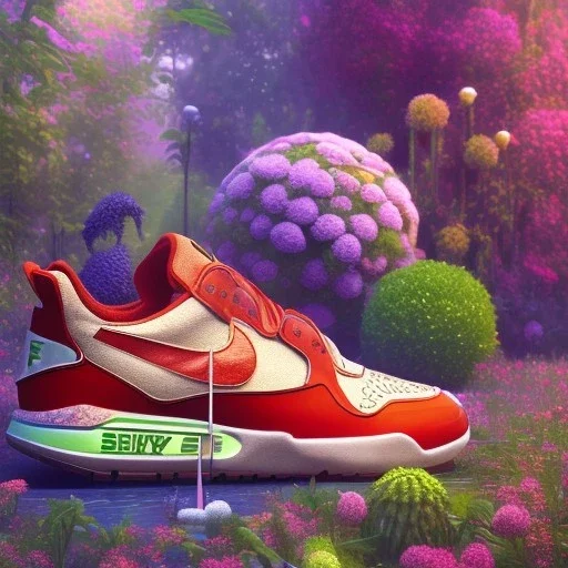 pixar style, volumetric summer garden environment and background, hyper realistic painting of best 3d puffer Nike sneaker, looking excited, volumetric lighting, dramatic lighting, detailed digital painting, anime, ornate, colour-saturated colors, chaotic, small minutiae, tiny features, particulars, centered, smooth, sharp focus, renderman gofur render, 8k, uhd, detailed eyes, realistic shaded volumetric lighting, sunlight caustics, backlight, centered camera view