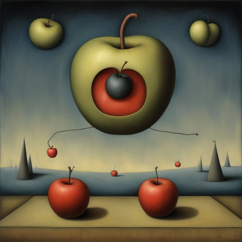 Surreal weird style by Pawel Kuczynski and Joan Miro and Bridget Bate Tichenor and Graham Sutherland, surreal abstract art, apples representing the deep fear of being alone, abstract anthropomorphic apple weirdlings, weirdcore, depth of field, unsettling, asymmetric abstractions, creepy, never before seen, dark oil painting