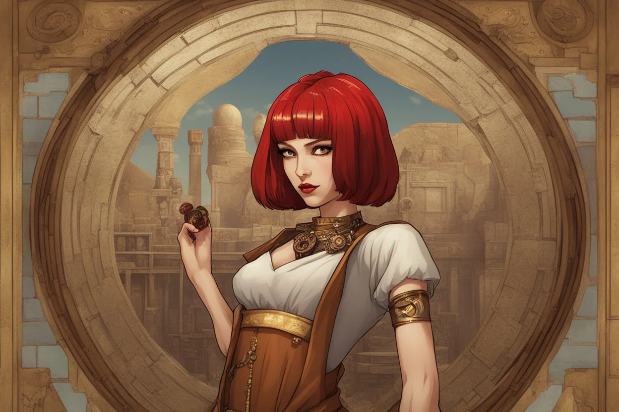 a skinny Cleopatra, with a bob red hairstyle, standing in a steampunk setting.