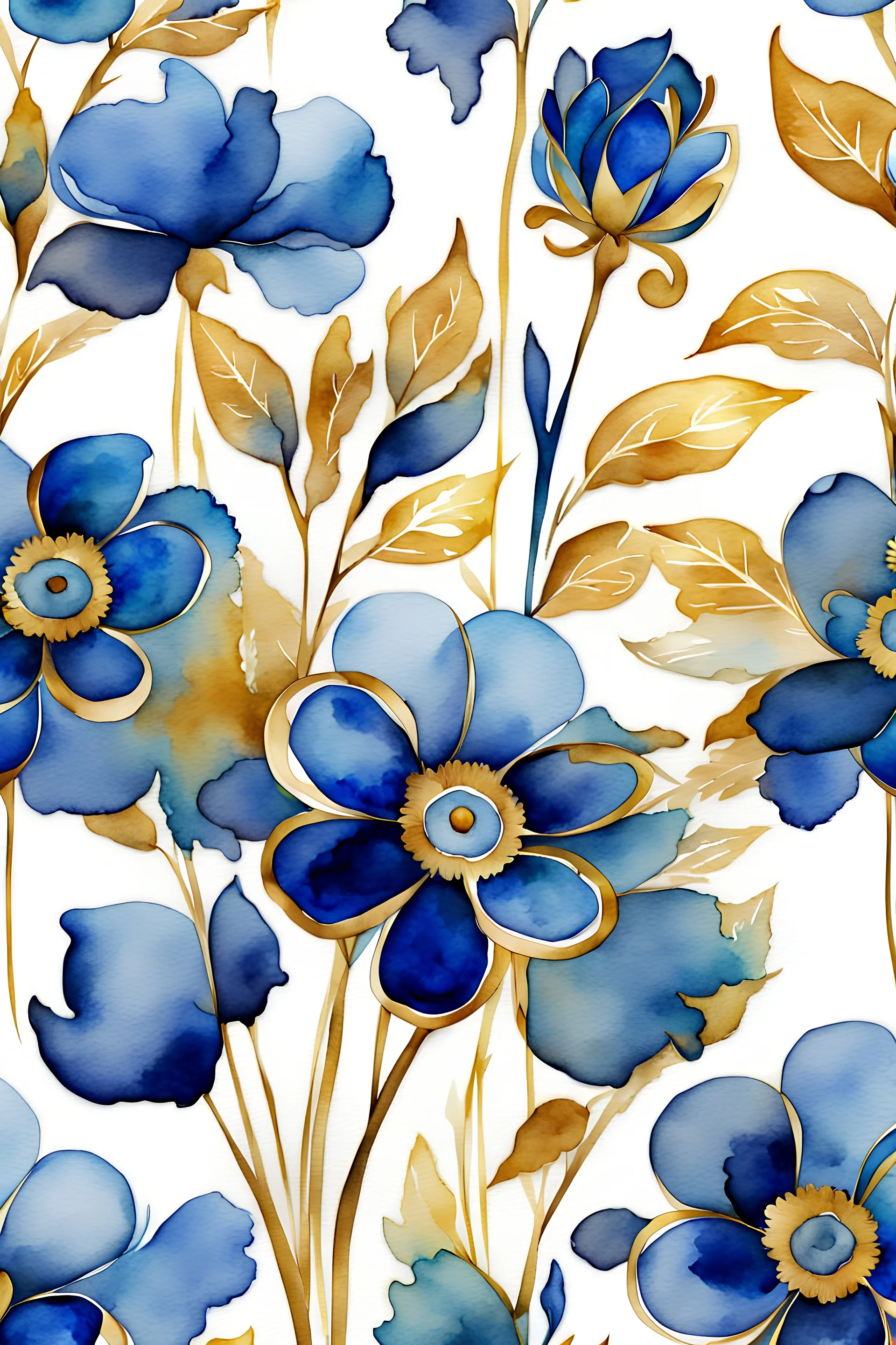 watercolor abstract big BLUE flowers with golden outlines on white background