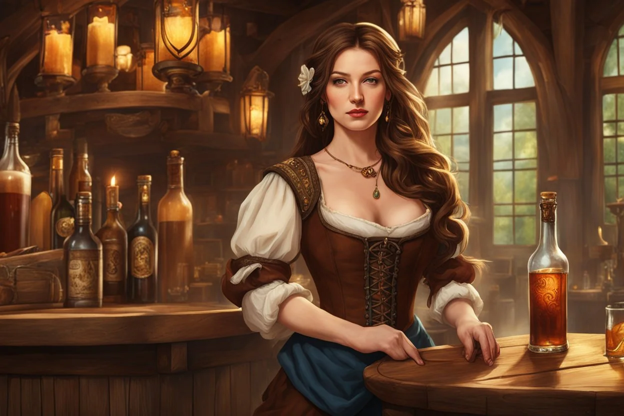 A young woman with pale skin and long brown hair in a fantasy tavern setting with intricate details. She is a tavern wench who is serving alcohol to a party of adventurers. High definition.