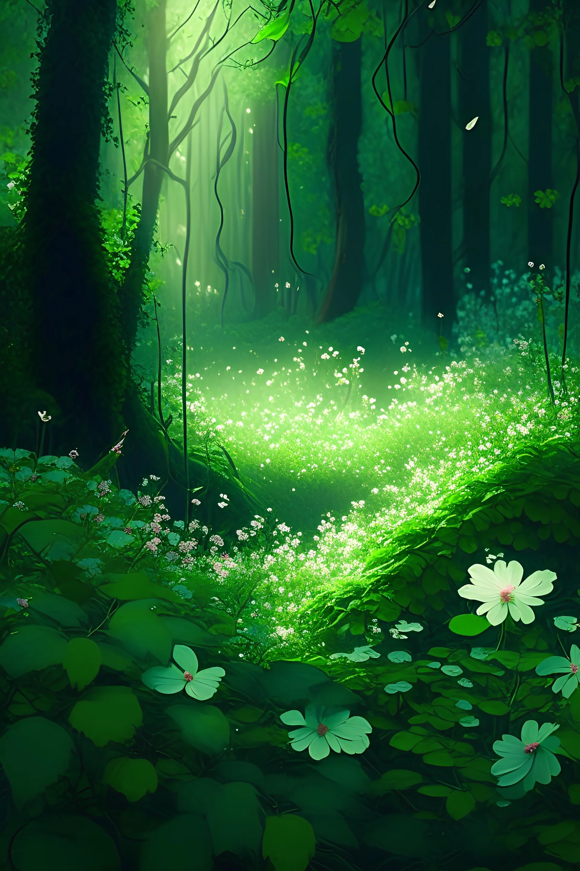 Green forest with the flowers