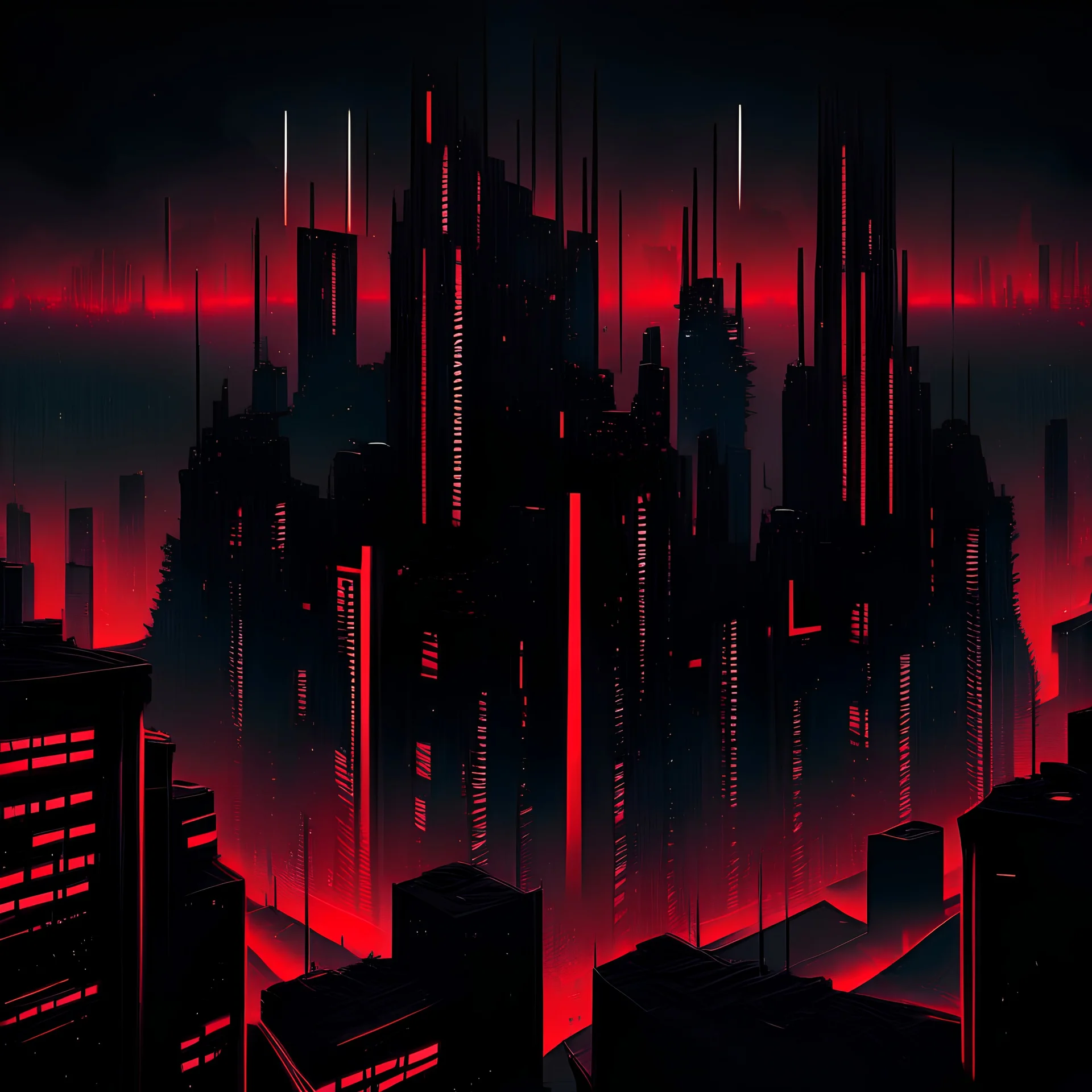 a large city with only tall deep black rectangular buildings with neon red outlines, a pitch black sky is above