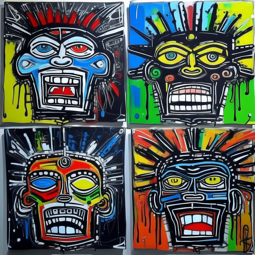 5 angry grotesque faces, by Jean-Michel Basquiat, acrylic painting