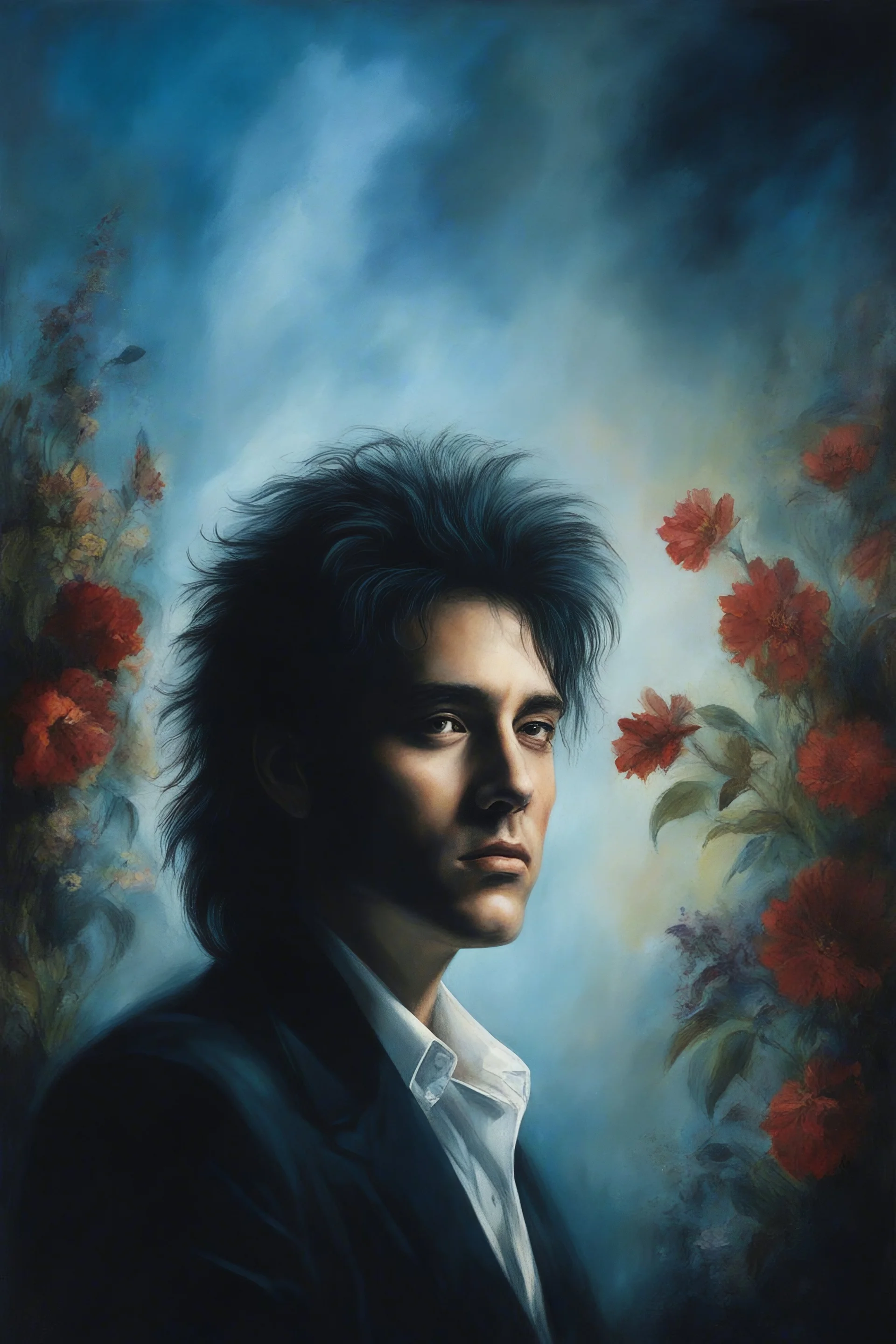 Chiaroscuro lighting, deep shadows, rich deep colors, facial portraits, 1980, 42-year-old Elvis Presley, ((1980's big hair, long, teased up Spikey Motley Crue style hair)), black hair, facial portraits, foggy, cloudy blue wall with assorted designs and multiple floral arrangements in the background, 4k, 8k, 16k, 32k, 100k UHD, Ultra-Hyper Resolution, dark, sultry eyeshadow, eyeliner, mascara, rouge, lipstick, from the rock and roll band KISS