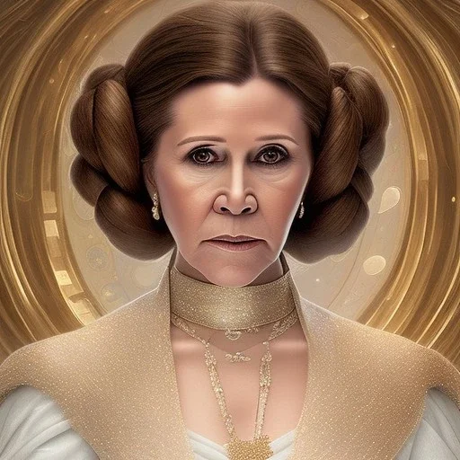 hyperspace background, complete and photo realistic detailed head to waist stunning photo realistic portrait of carrie fisher as Princess Leia in star wars with photo realistic updo hair by Mandy Jurgens and mucha and Richard Schmid and chuck close and chie yoshii, extraordinary and detailed ceremony dress of star wars,brown eyes