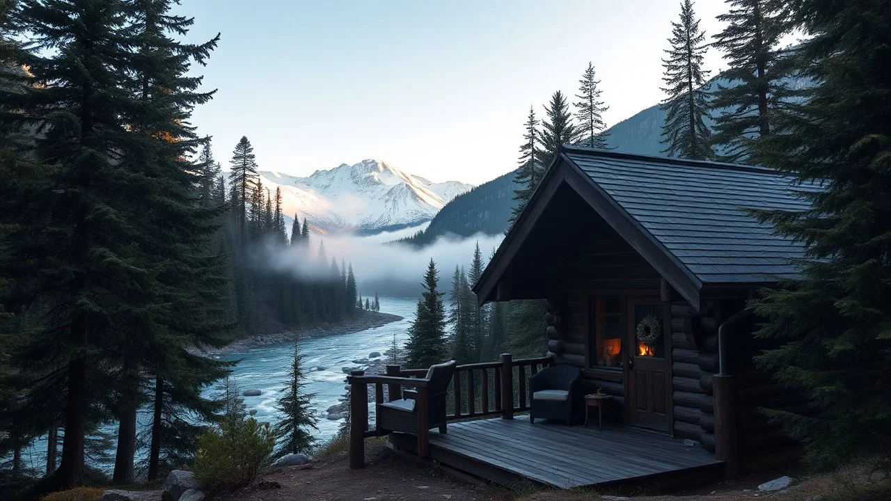 A cozy cabin nestled in the mountains, surrounded by towering pines and a clear, flowing river. The cabin has a wooden deck with a comfortable chair and a small table, perfect for enjoying the stunning view of the snow-capped peaks in the distance. A soft mist hangs in the air, adding to the sense of tranquility. Award-winning photograph, beautiful composition, exquisite detail and illumination