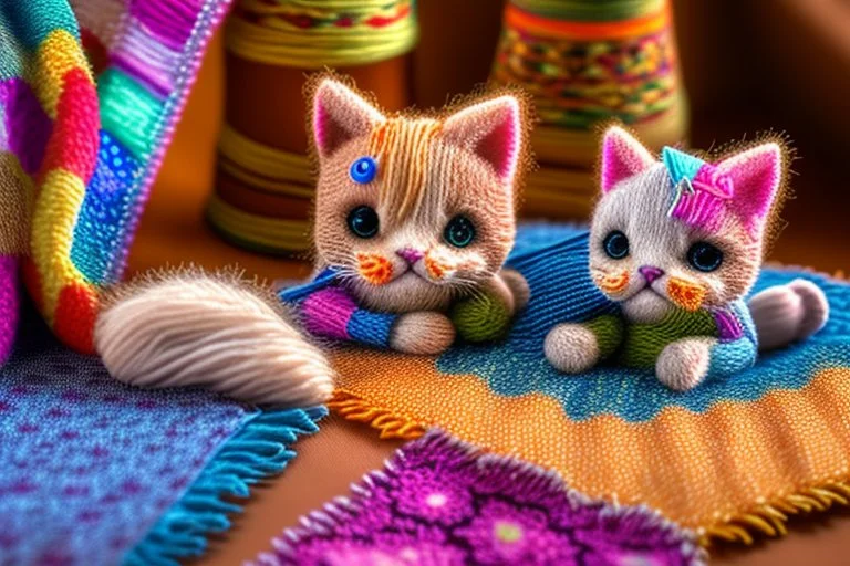 Hand sewn and embroidered extremely cute kittens, threads, sewing needles and a pair of scissors on a table on lace blanket in a luxury bedroom, centre, bold colours elegant fantasy 8k beautiful dynamic lighting award winning imperial colors hyperrealistic ultra detailed 4K 3D high definition crisp quality colourful hdr in sunshine