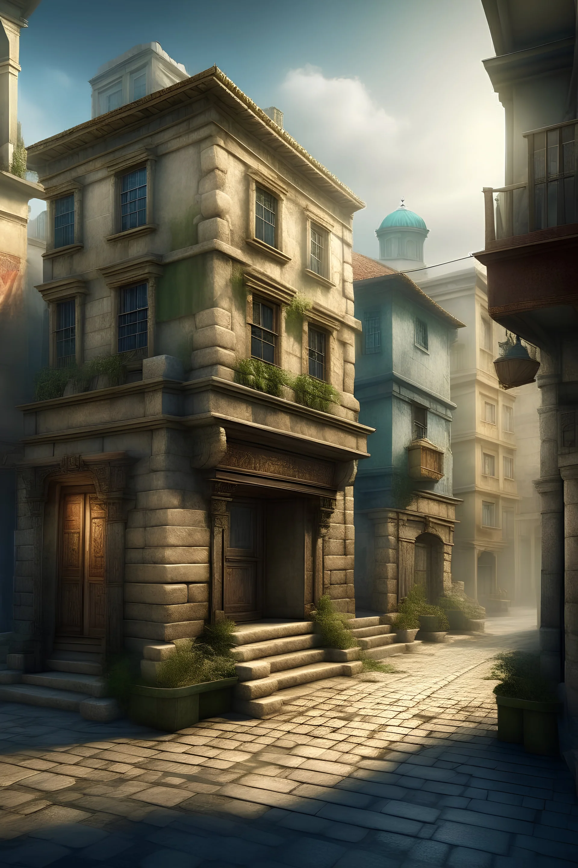 Stone Building, Old city, magic box in a Street, world fantasy