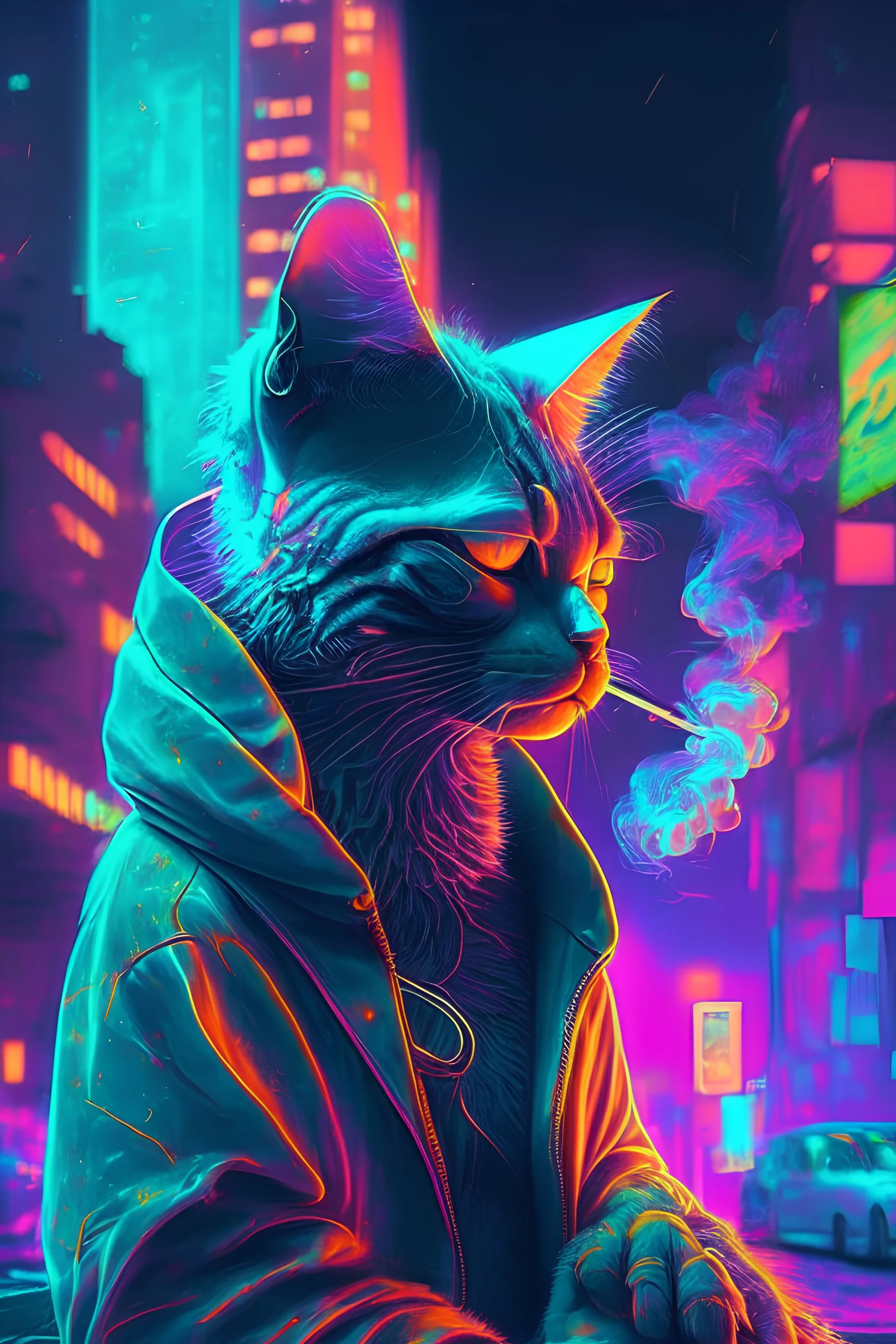 Thug cat smoking in neon city
