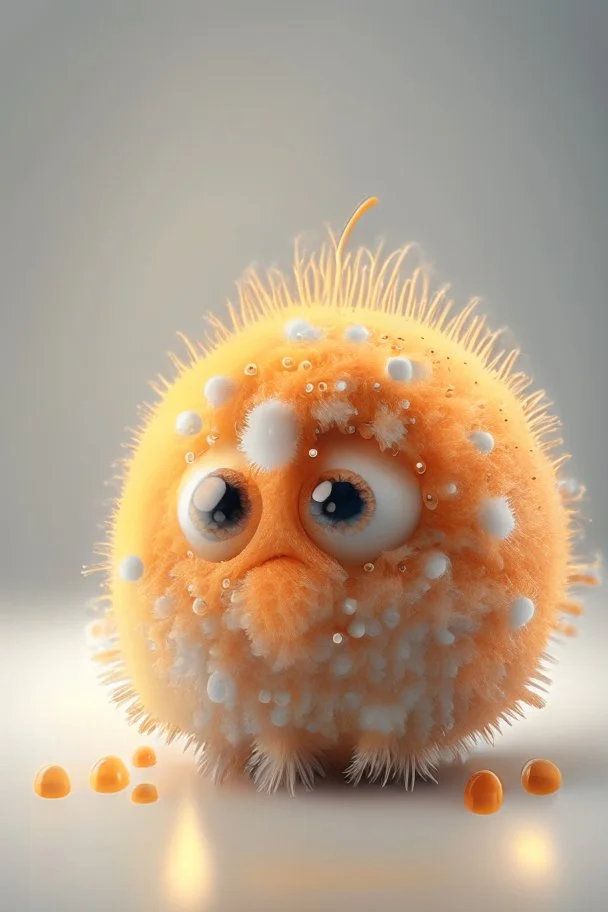 Microscope photography of a crying cute bacteria furry orange character from Planet Mercury , photorealistic, 3D, unreal engine, octane render, intricate details, Studio Professional Photography, Top Light, 35mm lens, on flat white background centered