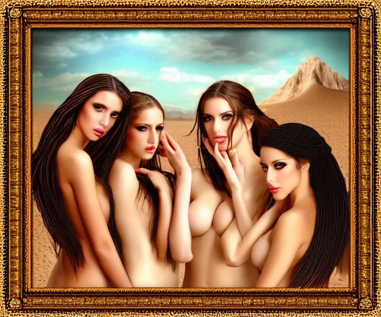 Very sensual gorgeous las diosas de la belleza, el hechizo y la alegría. "Las tres gracias" Modern art. young white women, maiden dressed sensually with plaits, Inside and out of an empty surreal picture frame. Background a desert, steampunk engine.