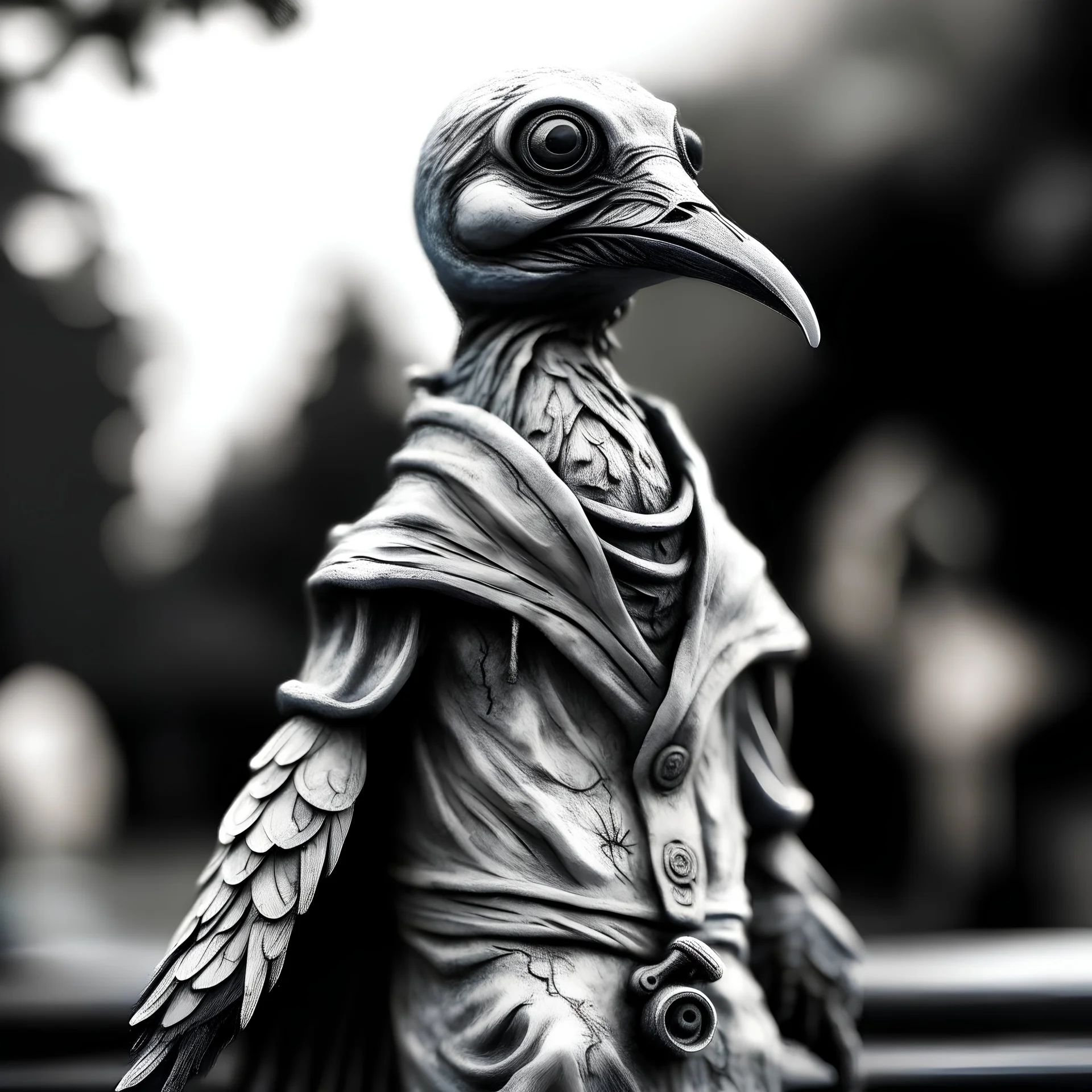 a statuette of a creepy birdperson cult greyscale photo