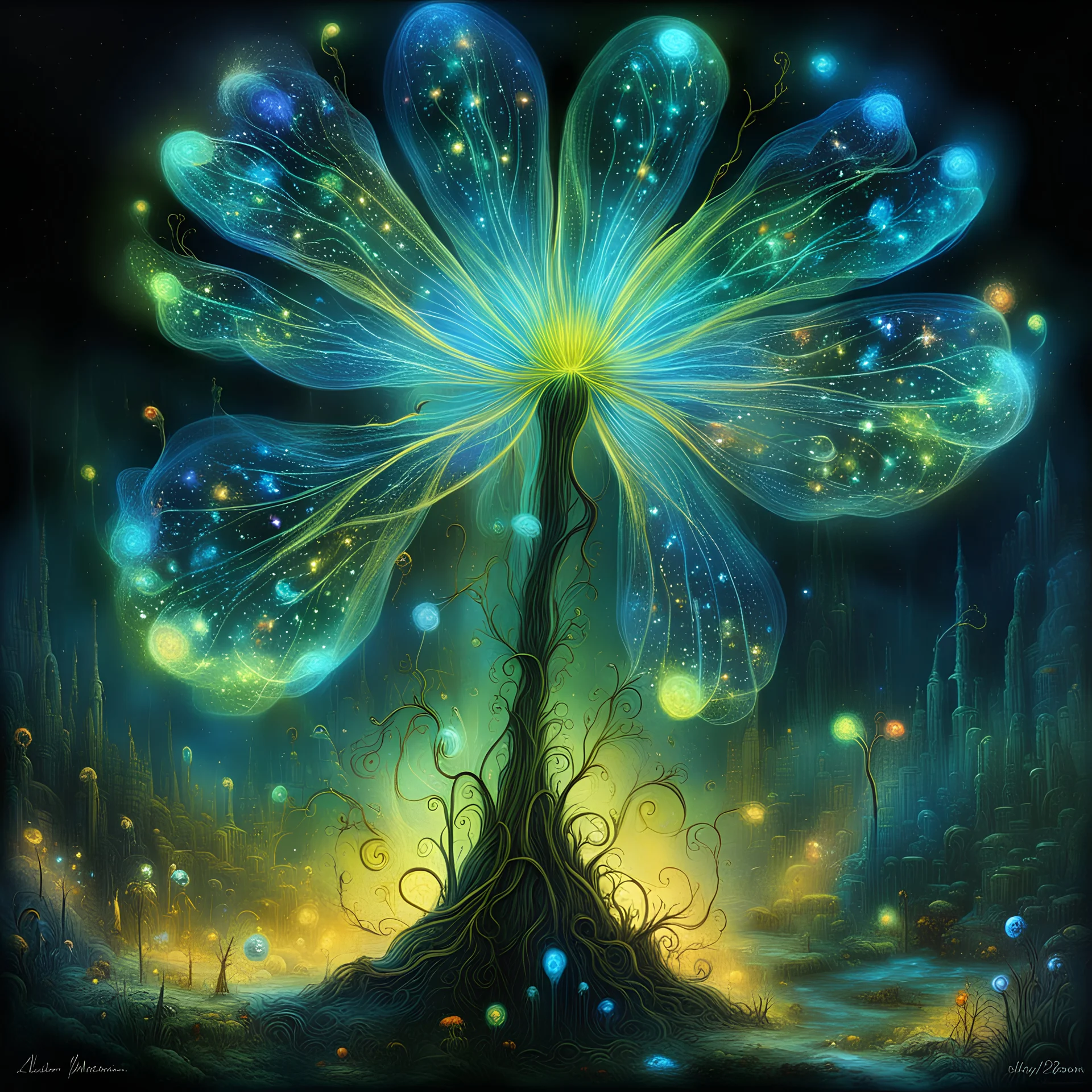 Alexander Jansson, close-ups of a breathtaking, magnificent, glowing bioluminescent colorful flower ..........., at night, golden magic, magnificent, intricate, extremely detailed, beautiful