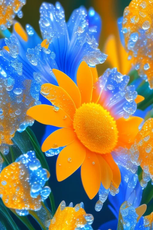 Blue flowers with dew drops, silver leaves and stems, golden ice, orange color background, glow, sun rays and glare, high detail, full detail, high resolution, glow, rendering, photorealistic, 55 mm, volumetric lighting, ray tracing, reflections studio lighting 4k poster acrylic art