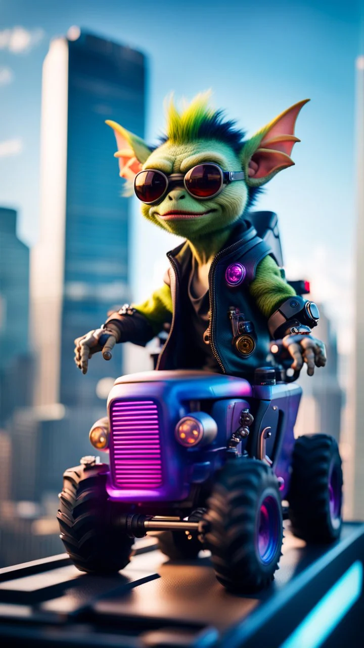 portrait of Hairy Gremlin pimp ninja cyber punk in flying hipster tractor parked on top of sky scraper,bokeh like f/0.8, tilt-shift lens 8k, high detail, smooth render, down-light, unreal engine, prize winning