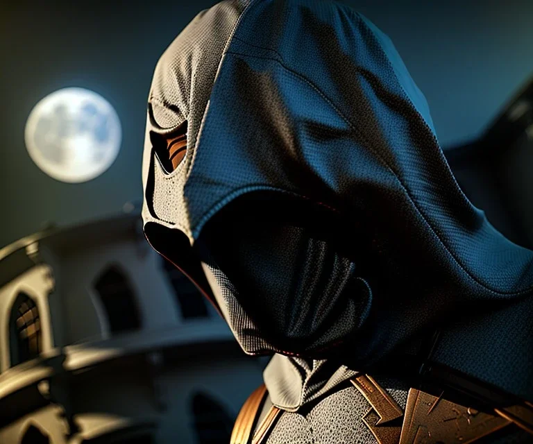 Moon Knight, hood and mask, gray custom, calignosity, cobblestone alley, fantasy, high resolution