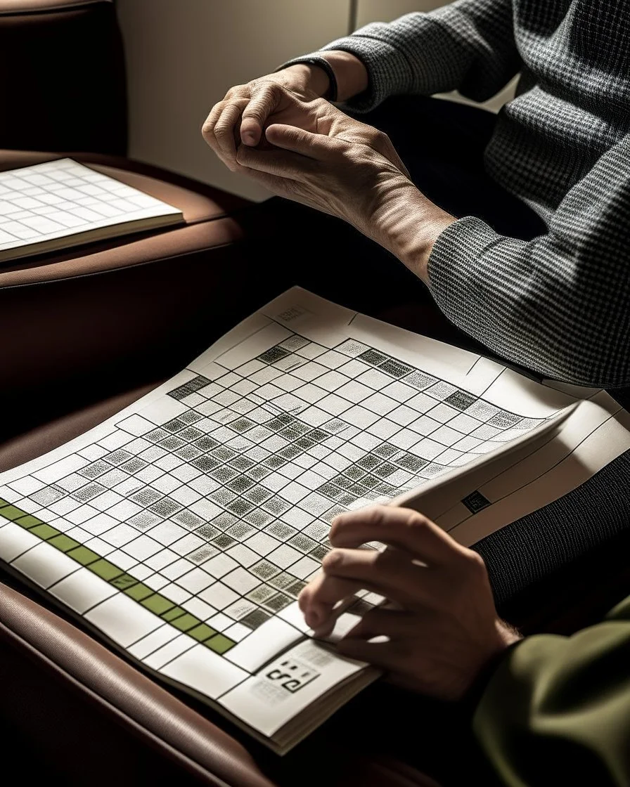 An image of a person sitting in a comfortable chair or sofa, holding a large print sudoku book and enjoying a moment of relaxation while engaging in a challenging puzzle.