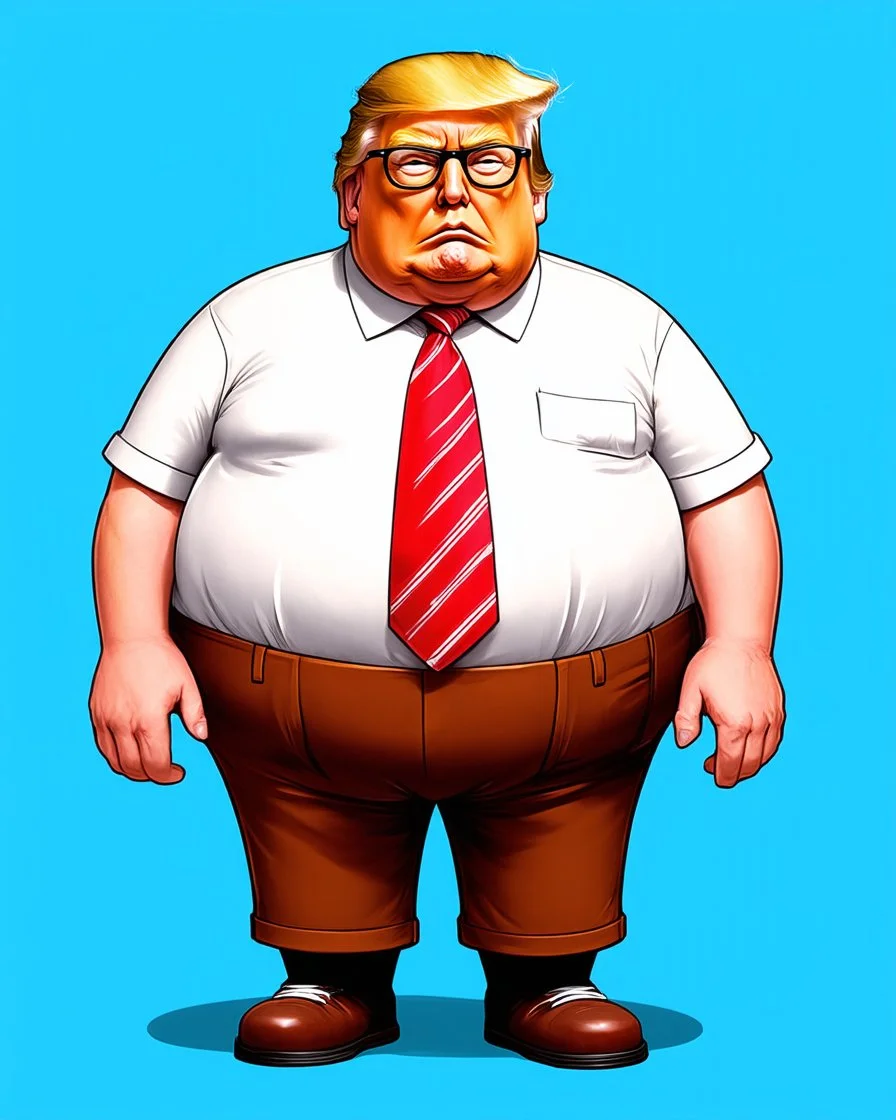 A character image of a fat Donald Trump wearing specks and shorts, a little angry.