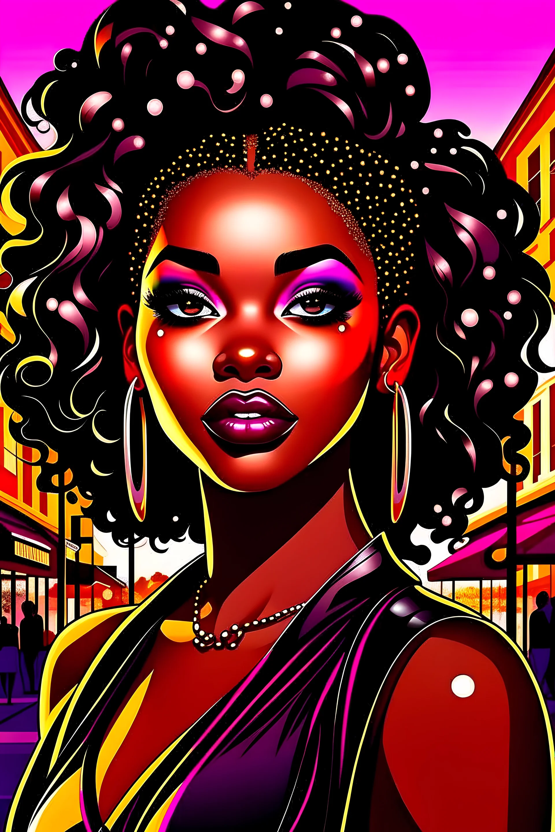 Beautiful young teen urban black women engaging in dynamic glamorous life activities in iconic locations by Jen Bartel, 2d vector illustration,
