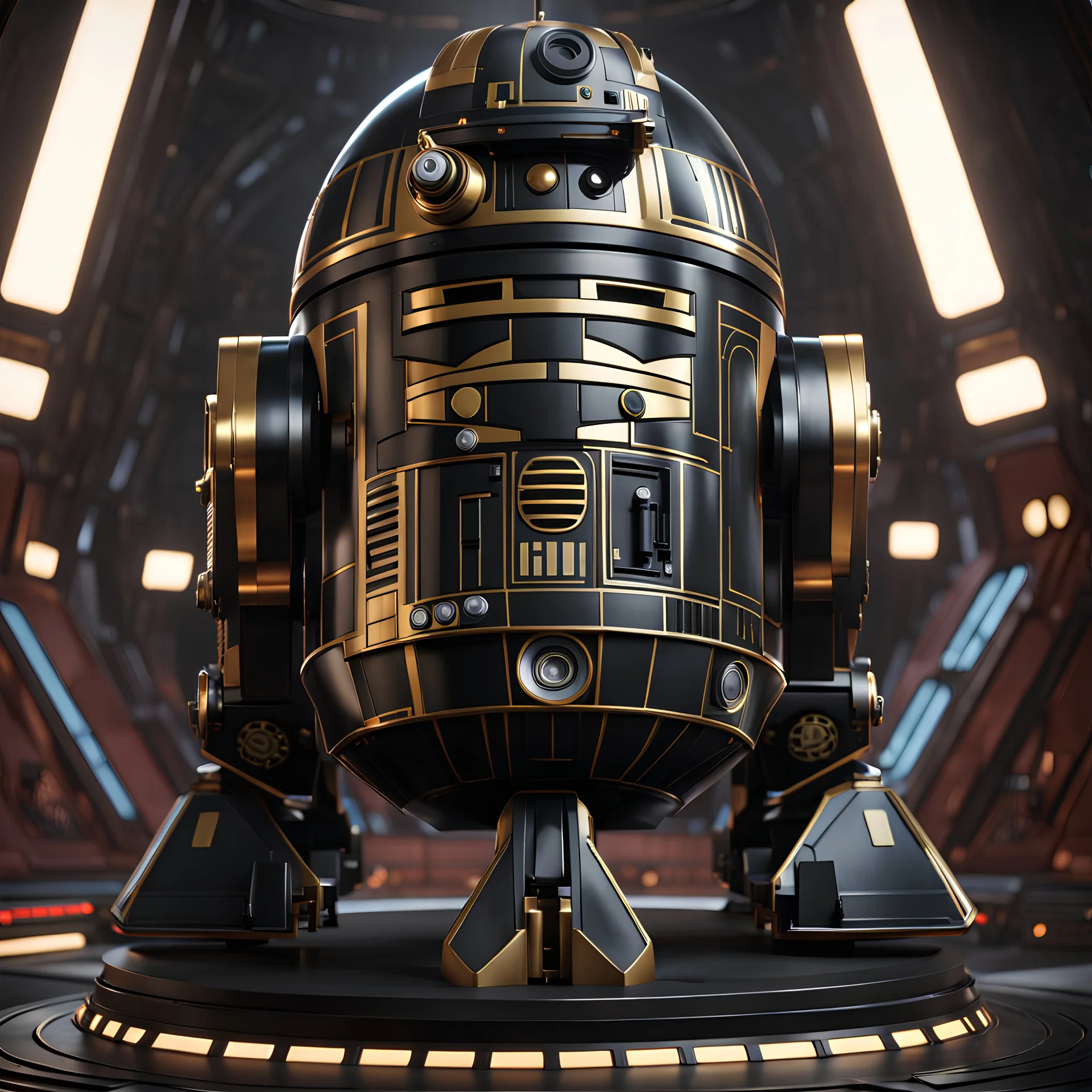 star wars r6 series astromech with short head, flat on top, shiny black body, gold trim, inside the jedi temple, centered portrait, hyperdetailed, dynamic lighting, hyperdetailed background, 8k resolution, volumetric lighting, fully symmetric