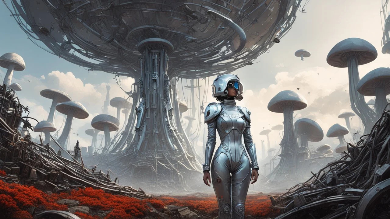 worms-eye view of a woman in a silver robotic catsuit standing in a futuristic derelict alien city with mushrooms with tentacles floating in the sky, Ian McQue