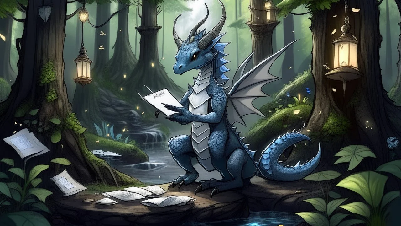 A dragonoid human with grey scales and a flexible tail in the middle of taking notes in a magical forest being bothered by magical spirits