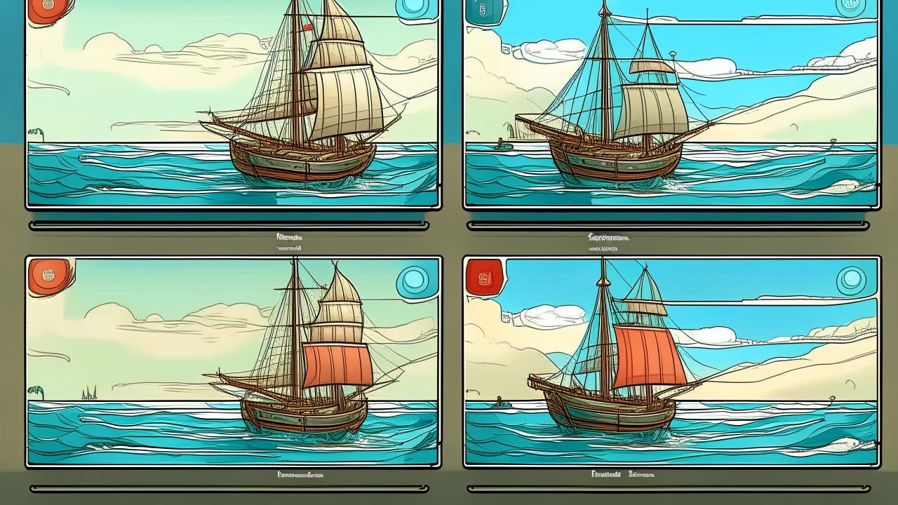 My apologies, I missed that detail about the specific controls. Here's an updated prompt for the AI image generator chatbox: **Game UI: Boat Sailing** * **Layout:** Split screen (top 3/4: game world, bottom 1/4: controls) * **Game World:** Stylized sailboat (single mast, billowing sail), ocean environment (waves, horizon), optional obstacles. Subtle wind direction indicator. * **Controls:** * Rudder Crank Wheel (large wooden wheel) * Two ropes on sail (Mainbrace): Left rope pulls (incr