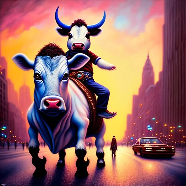 A one-year-old boy rides on the cow in the middle of a busy street in new york. photographic, bright colors and sunset, fantasy art, Anna Dittmann, digital painting, dan mumford, oil on canvas, jeff koons, akihito yoshida, wlop, kodachrome.