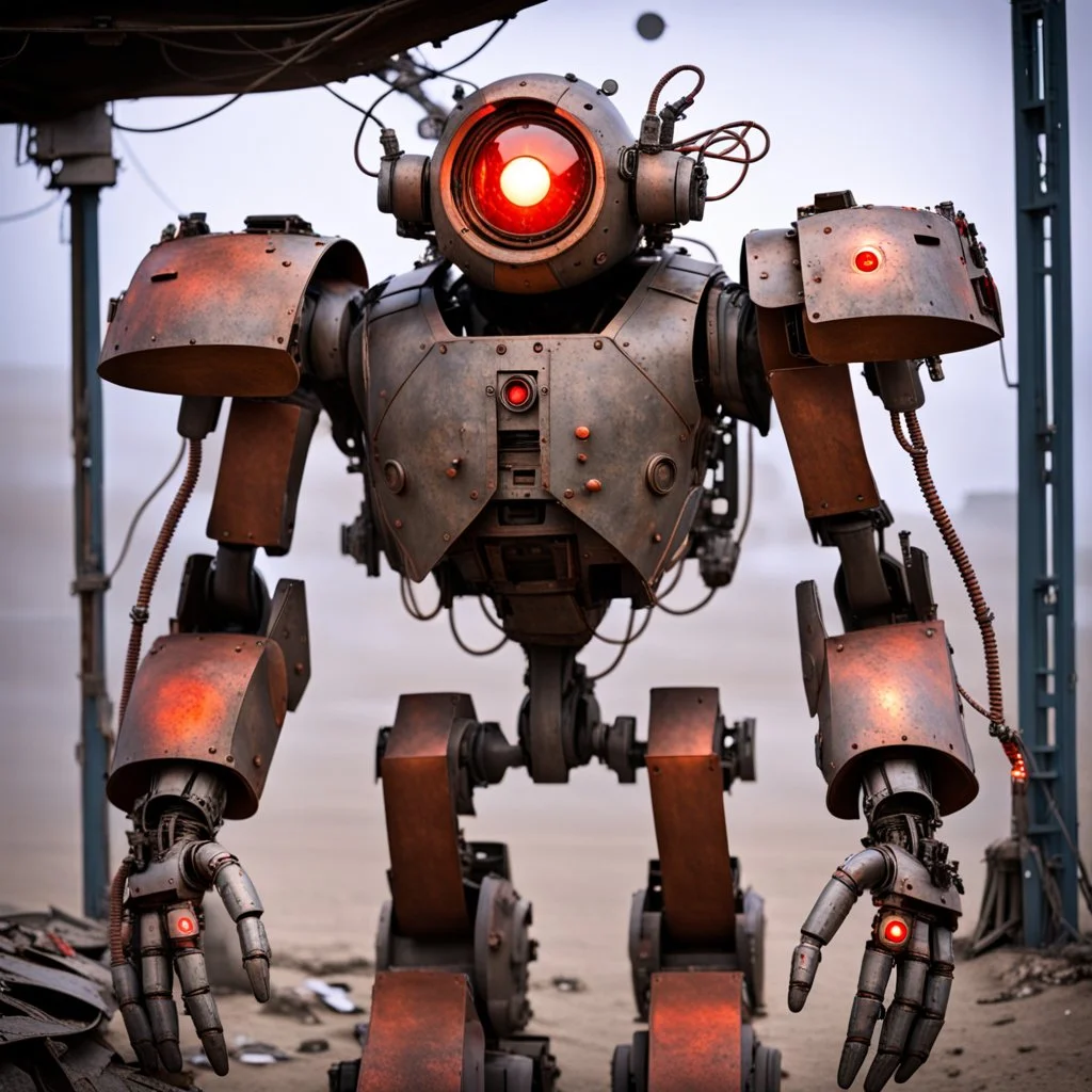 trash mech suit, human-sized, made of scrap metal, cockpit, light rust, round, one red glowing eye, loose wires, escape hatch