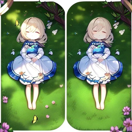 tiny anime girl sleeping in the distance, laying down in a field of flowers, underneath a willow tree, with a butterfly on her nose, hand detail looks human.zoom out