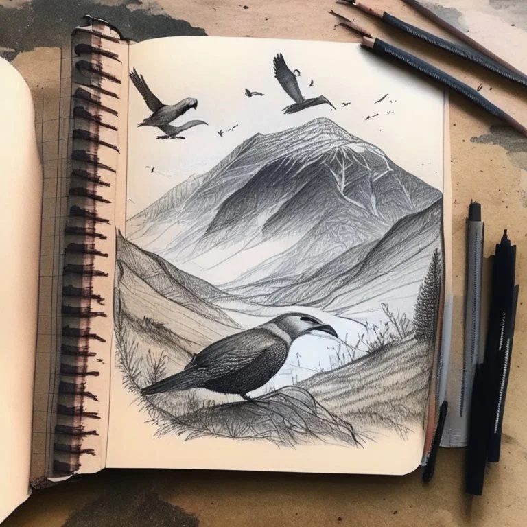 drawing in a sketch book of a landscape with mountains and a bird sitting in the forground.